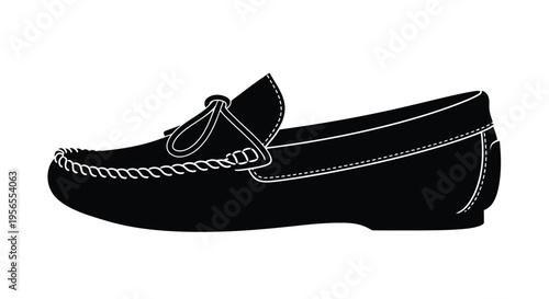 Black silhouette of a loafer shoe with white stitching on a isolated on white background