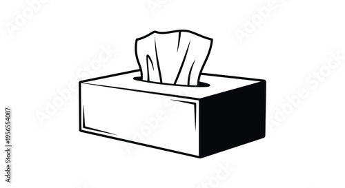 Black and white flat illustration of a tissue box with a tissue sticking out isolated on white background