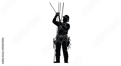 Silhouette of a man in a harness working at heights with tools isolated on white background