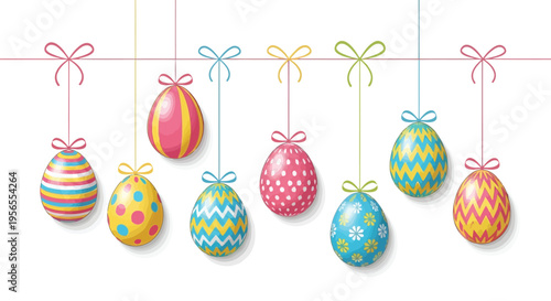 Colorful Easter eggs hanging from ribbons on , flat design illustration isolated on white background
