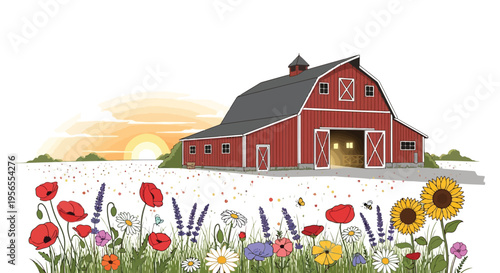 Red barn house with gray roof and white trim surrounded by colorful flowers in a field at sunset, flat illustration isolated on white background