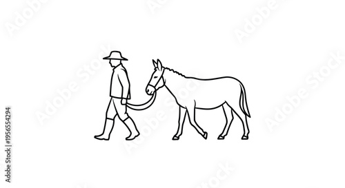 Man walking donkey flat design line art illustration isolated on white background