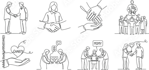 Charity, Teamwork, and Helping Hands Vector Illustrations Featuring People Collaborating, Donating, and Supporting Each Other