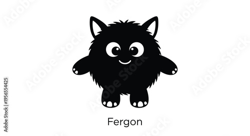 Black silhouette of Fergon, a cute cartoon monster with furry appearance and friendly expression, standing alone isolated on white background