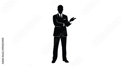 Businessman silhouette standing with one arm crossed and the other pointing isolated on white background