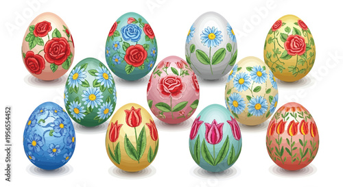Collection of hand-painted Easter eggs with floral designs on , colorful and detailed isolated on white background