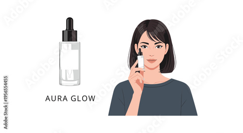 Woman applying facial serum in minimalist flat design with soft natural lighting for skincare advertising