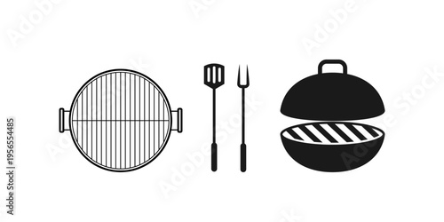 Black and white illustration of portable barbecue grill and accessories.