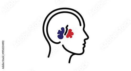 Minimalist human head silhouette with colorful brain sections in flat vector style isolated on white background