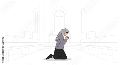 Woman kneeling in prayer inside a church with a modern illustration style isolated on white background
