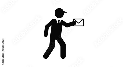 Silhouette of a man in a business suit and cap running while holding an envelope isolated on white background