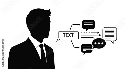Professional silhouette communicating ideas, text, and messages through a dynamic digital dialogue system.