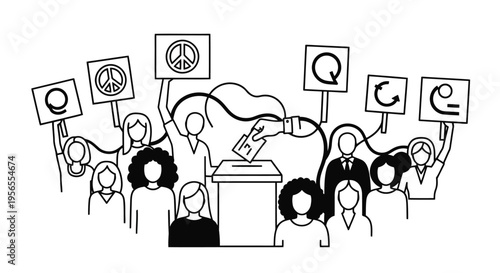 Flat illustration of a diverse group of people protesting with signs and a speaker at a podium isolated on white background