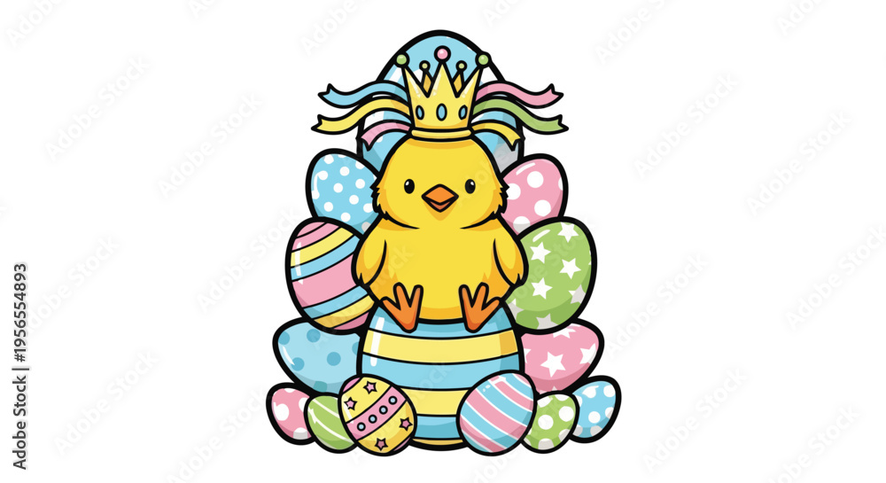 Obraz premium A yellow chick wearing a crown sits on a pile of colorful Easter eggs in a flat illustration isolated on white background