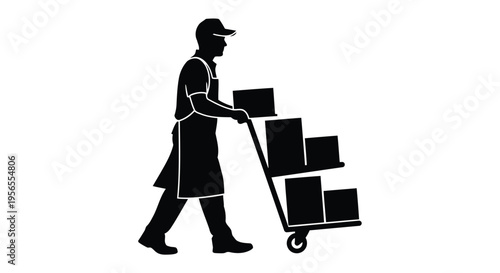 Man pushing a dolly loaded with boxes in a minimalist silhouette style isolated on white background