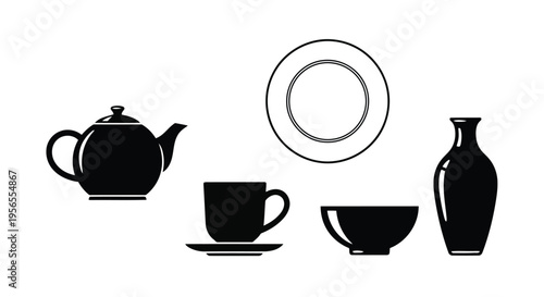 Minimalist black silhouette of tableware set isolated on white background