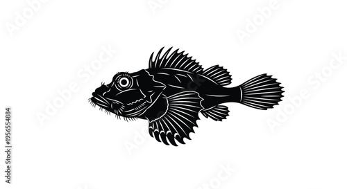 Black silhouette of a fish with spiky fins isolated on white background
