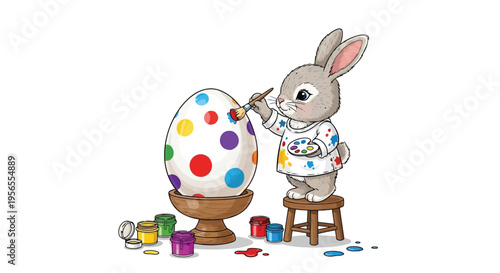 A gray bunny painting a large egg with colorful polka dots on a in a cute flat illustration isolated on white background
