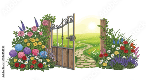 Vibrant flower gate opens to sunny green field pathway isolated on white background