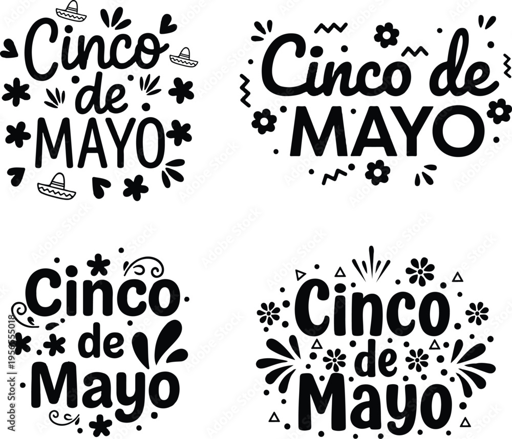 Fototapeta premium Cinco de mayo typography lettering bundle set black hand drawn festive quote vector collection for Mexican holiday design