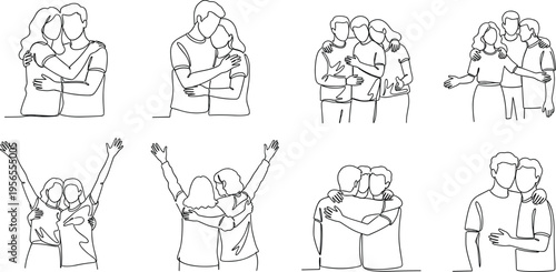 Couple Embrace and Interaction Line Art Set with Various Poses and Gestures for Love, Relationship, and Emotional Illustrations