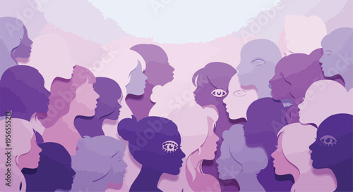 Diverse women profiles in purple paper cut style, female empowerment and sisterhood concept, layered silhouette group of women faces