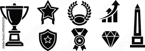 Collection of achievement and success icons in black and white