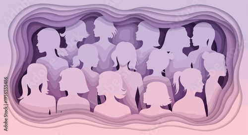 Paper cut style women silhouettes in purple gradient, female community and sisterhood concept vector, diverse group of women in layered paper craft art