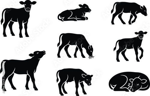 Collection of black silhouettes of cows in various poses