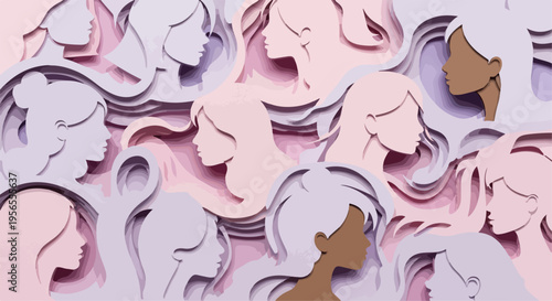 Paper cut style female silhouettes background, diverse women profiles in 3D layered paper art, pastel pink and purple feminine empowerment concept