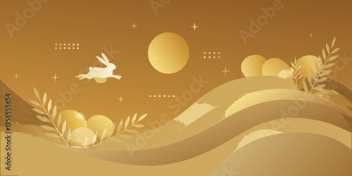 Golden easter illustration with a rabbit eggs and decorative foliage