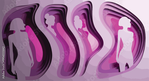 Abstract paper cut woman silhouette vector, purple layered papercraft female profile background, feminine beauty concept art for wellness and fashion