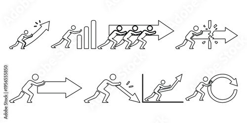 Business Growth and Progress Concept Icons Set, Stick Figure Pushing Arrow and Bar Chart, Teamwork Success and Financial Recovery Vector