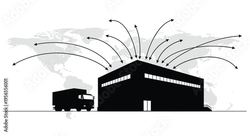 Silhouetted warehouse facility showing complex global distribution logistics and delivery truck transport