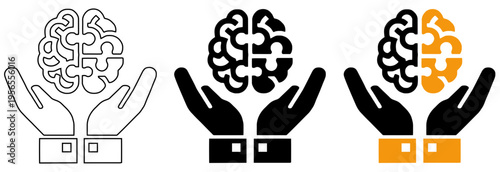 Mental Health Care Support and Psychological Brain Puzzle Solution Vector Icon Set