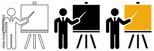 Professional Businessman Presenting on Whiteboard Vector Icon Set for Training