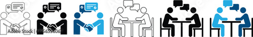 Business Meeting and Partnership Icon Set with People Handshaking and Sitting at Office Table