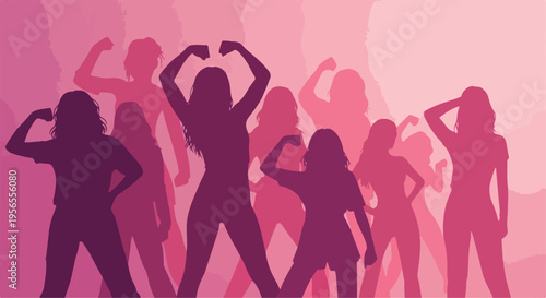 Empowered women silhouettes in pink, diverse group of strong females posing for international women's day, girl power and feminist community vector