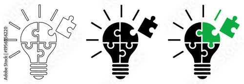 Creative Idea Solution Vector Icon Set with Puzzle Light Bulb Symbol