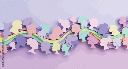 Paper cut style women silhouettes in pastel colors, diverse female profile heads on wavy background, international women's day vector illustration