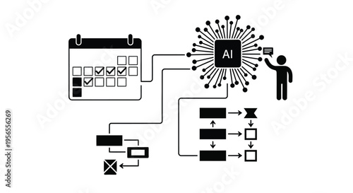 AI-driven process automation and scheduling, demonstrating data flow with human interaction elements.