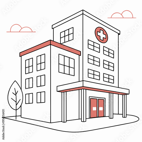 Hospital building with red cross logo for medical healthcare clinic services