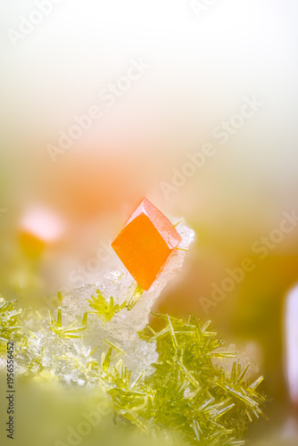 Orange Crocoite with green Pyromorphite. Specimen from Nontron, France. Micro photography extreme close-up. microscope mineral crystal photography for Scientific use
