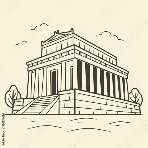 Ancient classical temple with columns and steps line art