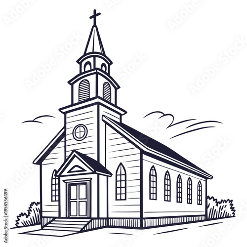 Traditional christian church with steeple and cross line art illustration