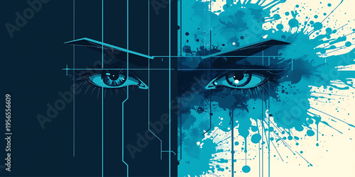 Futuristic Cyberpunk Human Eyes with Digital Glitch and Abstract Tech Background