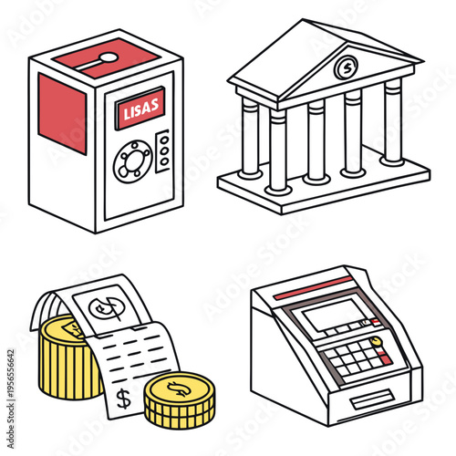 Finance icons: bank, safe, cash register, receipt with coins