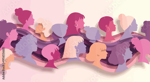Diverse women silhouettes in pink and purple tones, female empowerment community banner, group of women profiles for international women's day