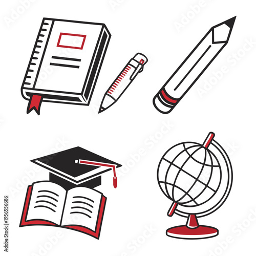 Education and graduation icons with notebook pencil and world globe element