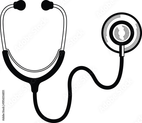 WebMedical stethoscope silhouette, healthcare and diagnostic tool vector, doctor equipment for heart rate check, clinical medicine symbol, isolated, black.